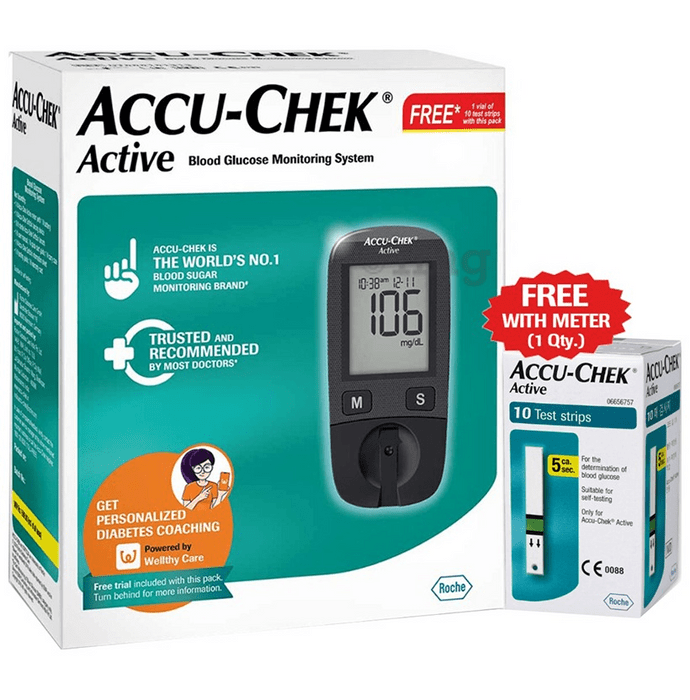 Accu-Chek Active Blood Glucometer Kit (Box of 10 Test strips Free)